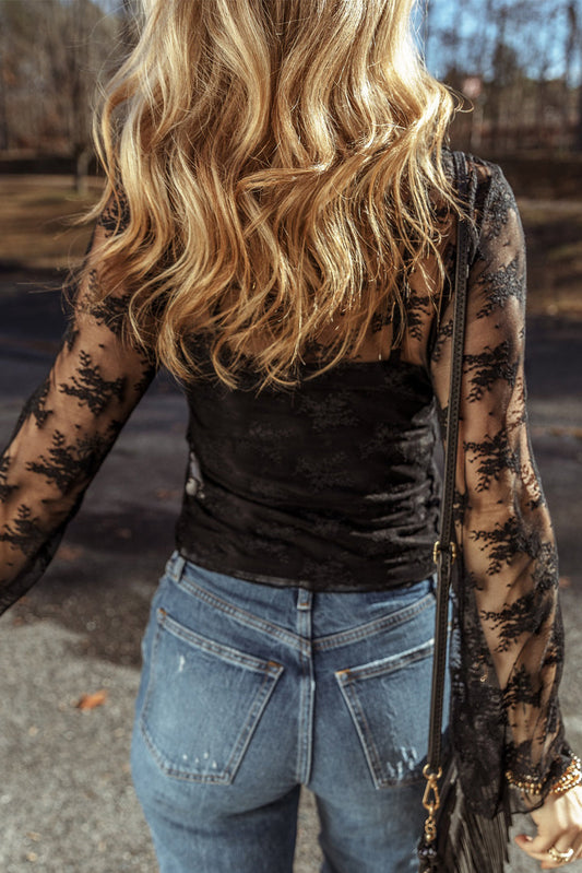 Lace Mesh Sheer Long Sleeve Blouse