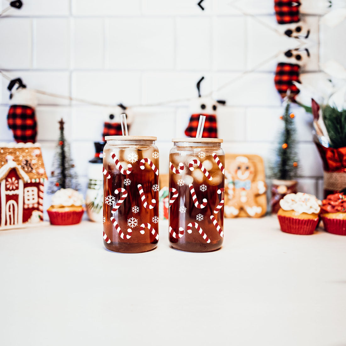 Candy cane and snow flake cups. 
Candy cane and snowflake coffee mugs.
Candy cane and snowflake glass cups. 