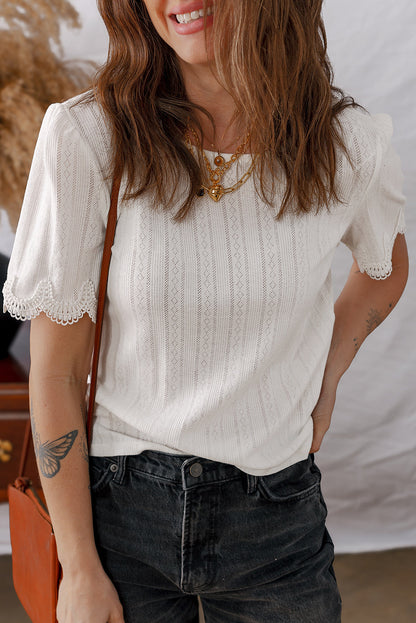 Lace Trim Textured T-Shirt
