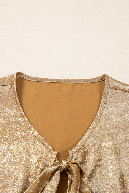 Metallic Bow Tie Front Peplum Blouse