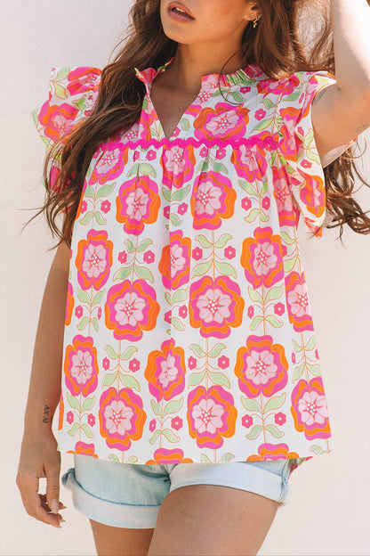 Floral Ric-Rac Ruffle Sleeve Blouse