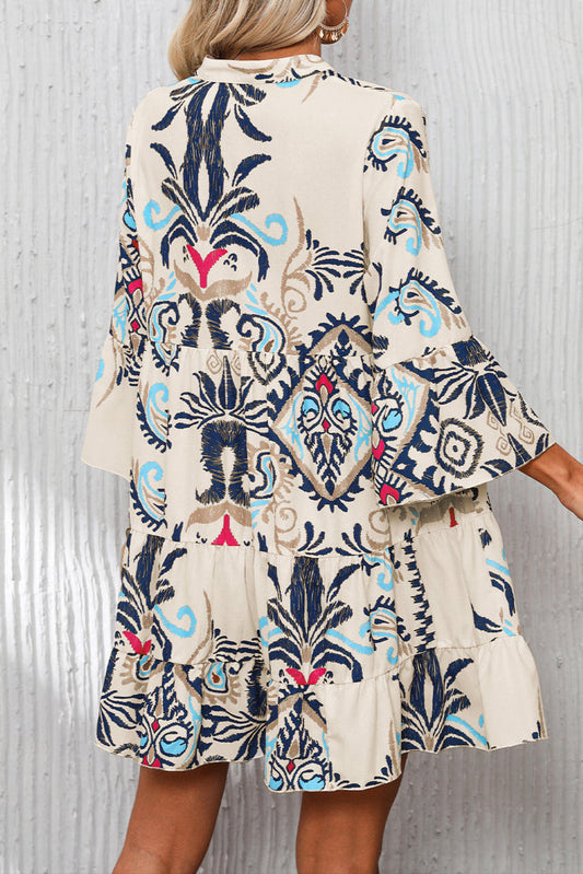 Boho 3/4 Sleeve Buttoned Mini Dress