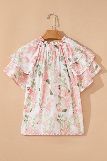 Floral Stripe Contrast Ruffle Sleeve Blouse