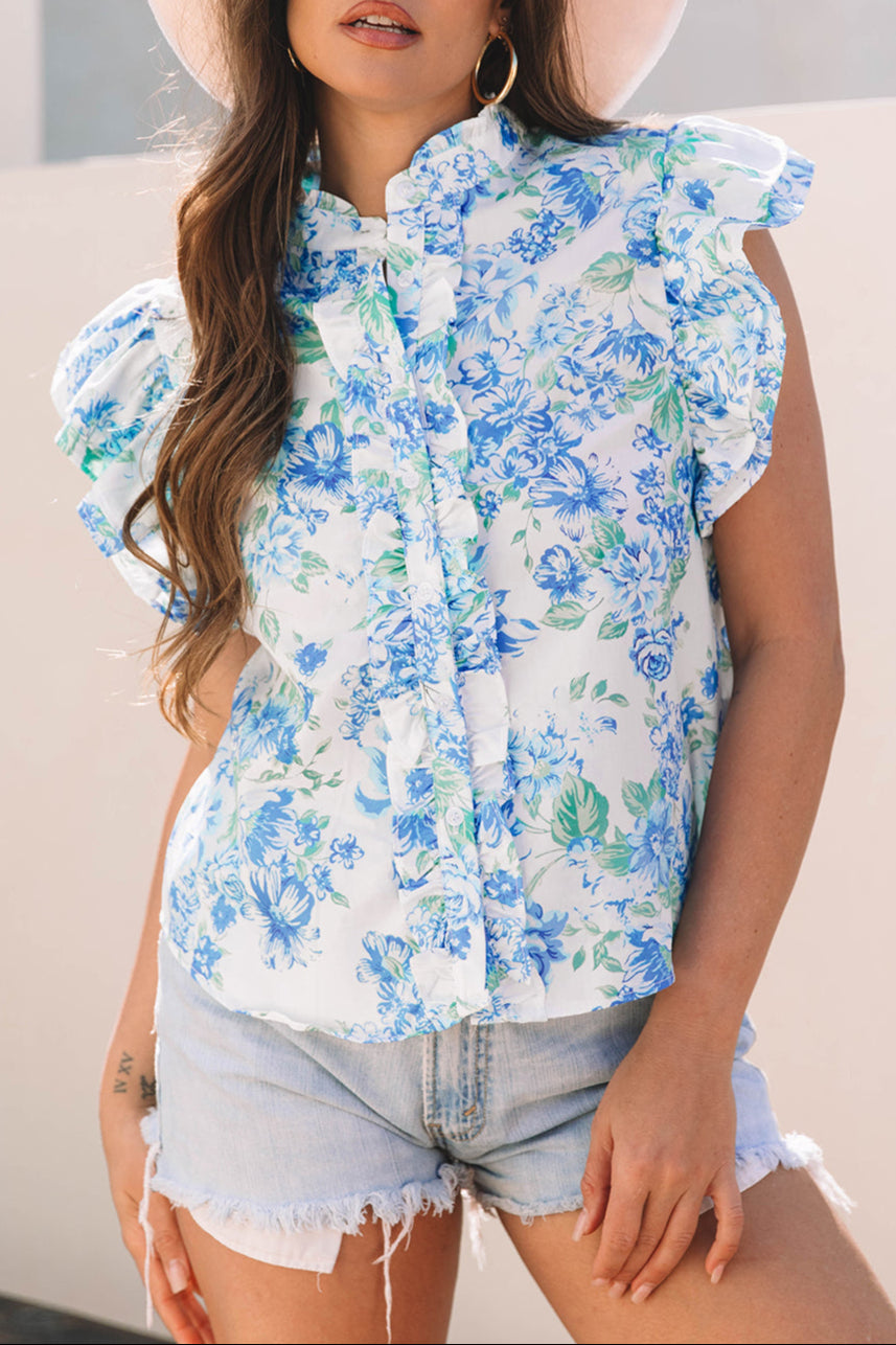Floral Ruffle Sleeve Buttoned Shirt