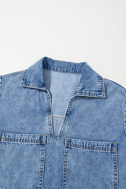 Denim Collared V-Neck Pocketed Dress