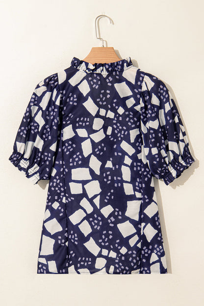 Abstract Frilled Puff Sleeve Blouse