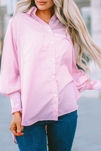 Stripe Smocked Cuff Buttoned Shirt