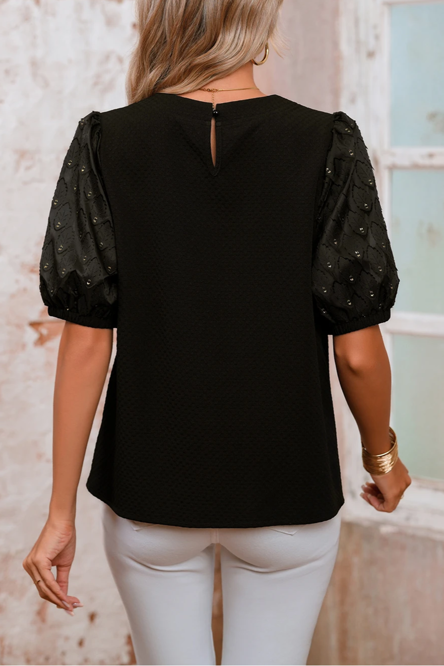 Feather Patchwork Bubble Sleeve Blouse