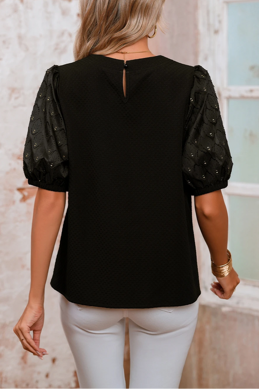 Feather Patchwork Bubble Sleeve Blouse