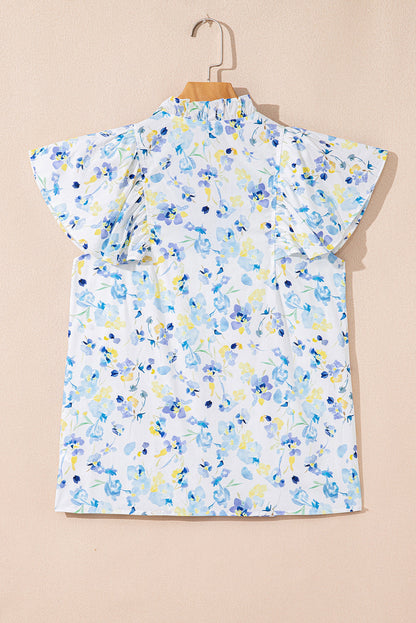 Floral Frilled Notched V-Neck Blouse
