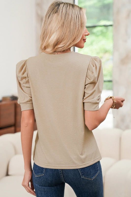 Solid Ruched Puff Sleeve T-Shirt