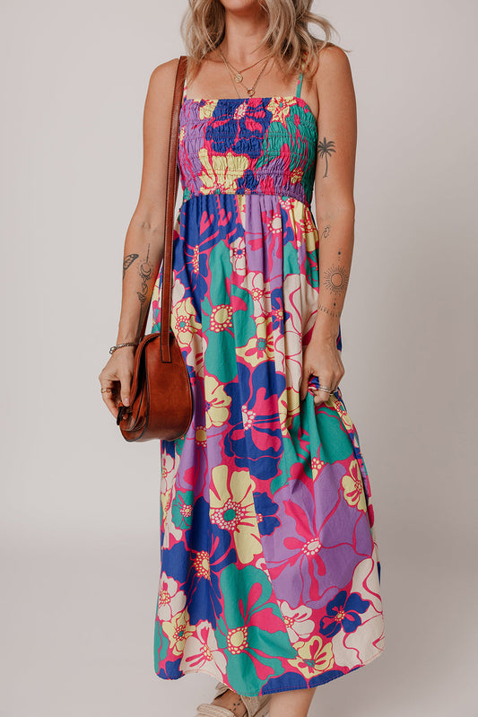 Floral Shirred Spaghetti Strap Maxi Dress