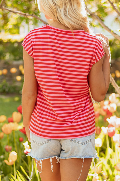 Stripe Ribbed Cap Sleeve T-Shirt