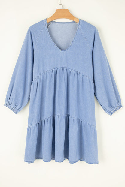 Denim Chambray Puff Sleeve Mini Dress