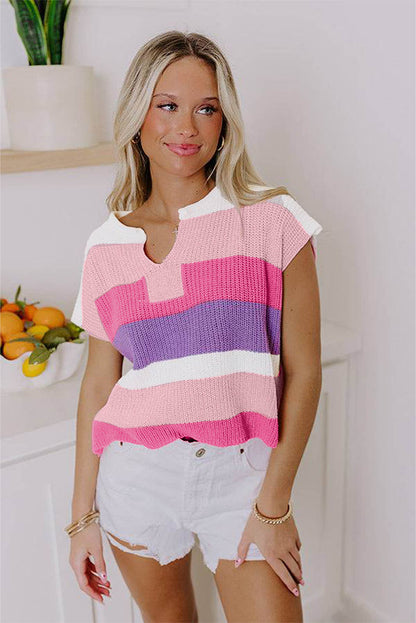 Colorblock Notched V-Neck Sweater T-Shirt
