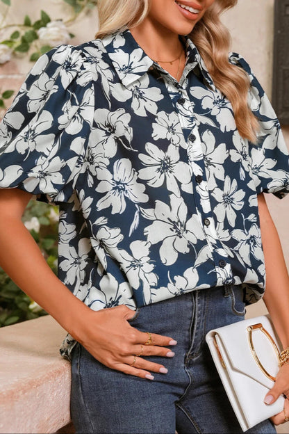 Floral Puff Sleeve Buttoned Shirt