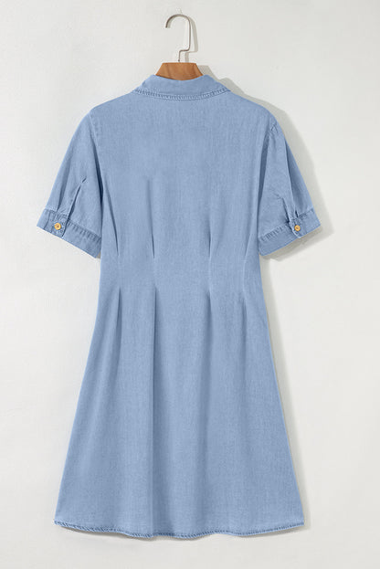 Denim Pleated Short Sleeve Shirt Dress