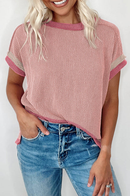 Contrast Trim Corded Knit T-Shirt