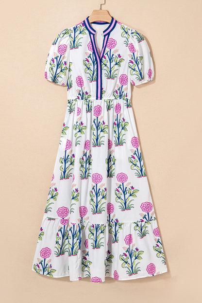 Floral Puff Sleeve V-Neck Midi Dress