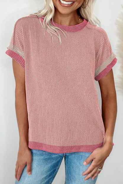 Contrast Trim Corded Knit T-Shirt