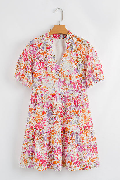Floral Frilled V-Neck Puff Sleeve Dress