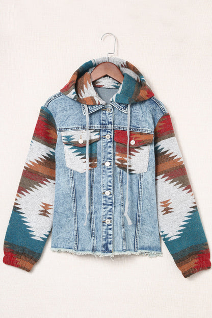 Aztec Denim Patchwork Hooded Jacket