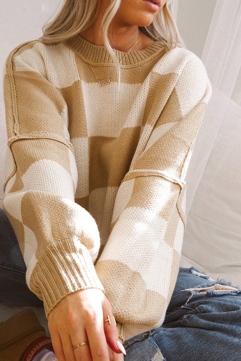 Checker Bishop Sleeve Sweater