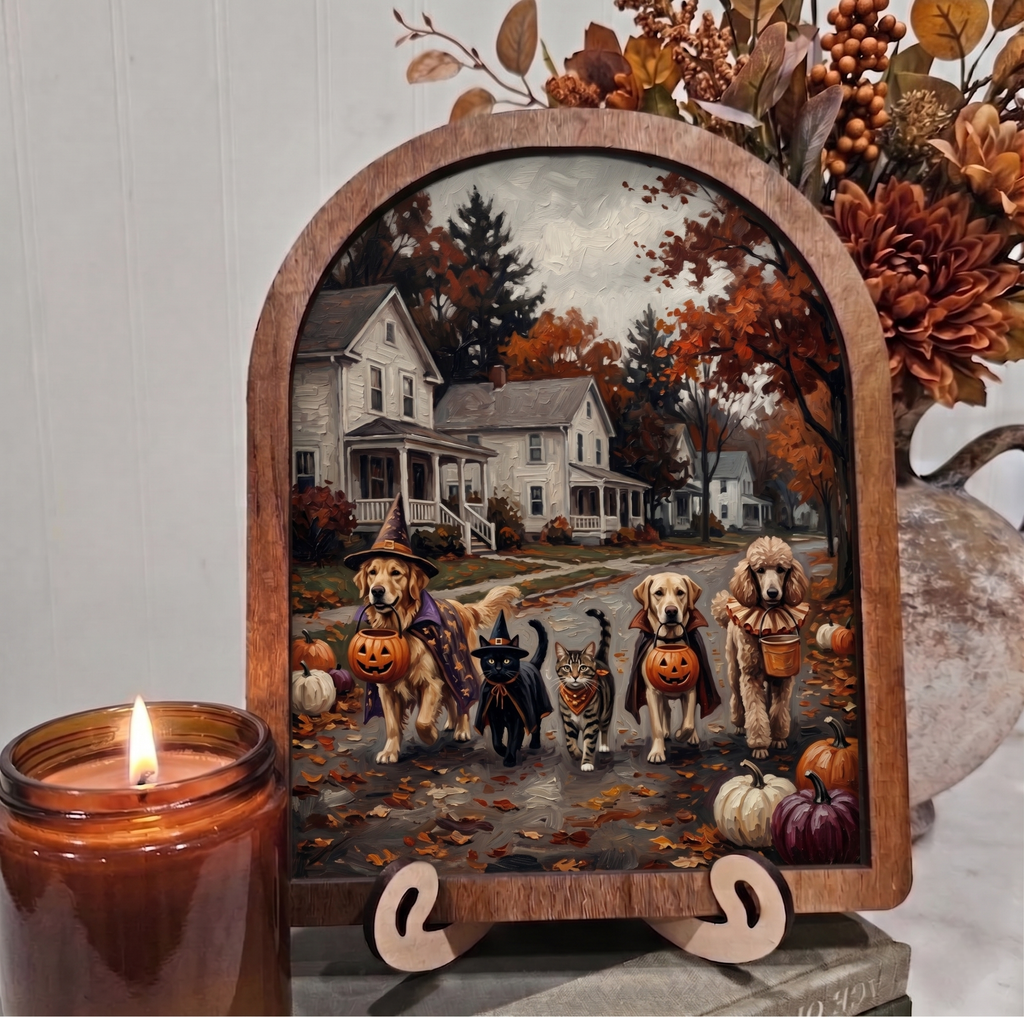 Dogs and Cats Trick or Treating Framed Art with Stand