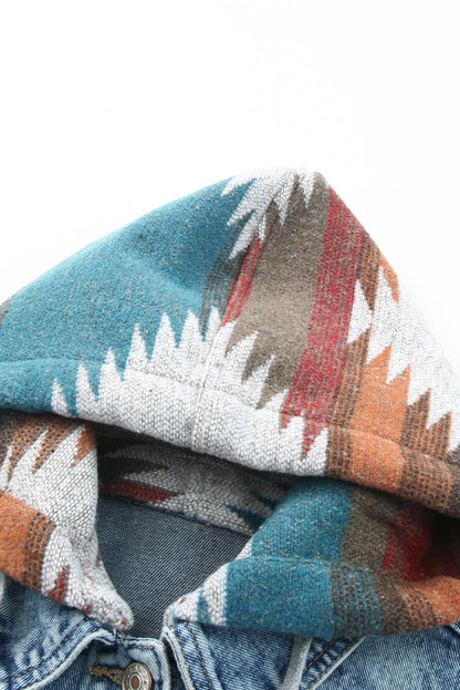 Aztec Denim Patchwork Hooded Jacket