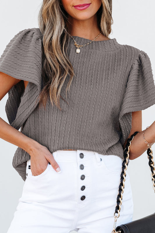 Solid Cable Textured Flutter Sleeve Top