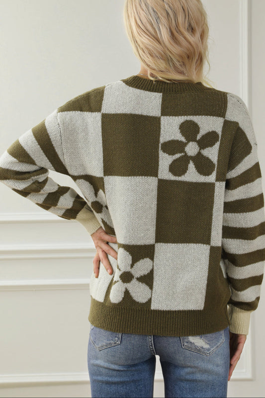 Checker Floral Stripe Patchwork Sweater