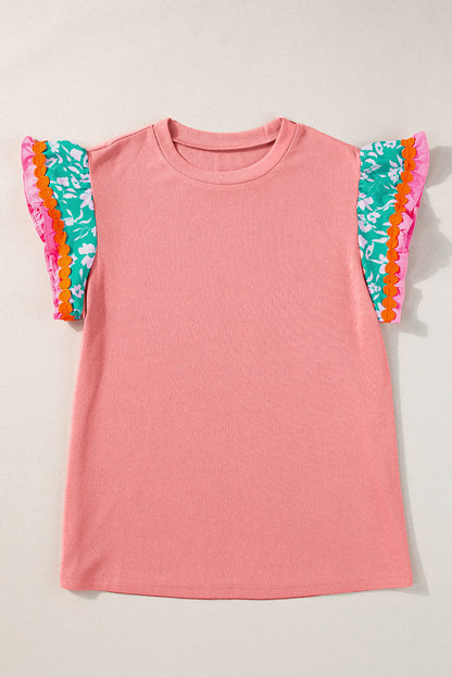 Floral Ric-Rac Contrast Short Sleeve Top