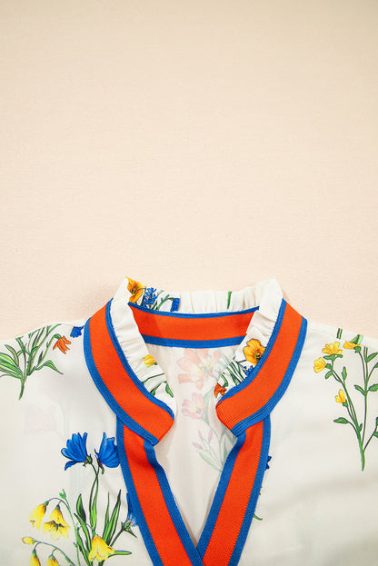 Floral Contrast Puff Sleeve Blouse