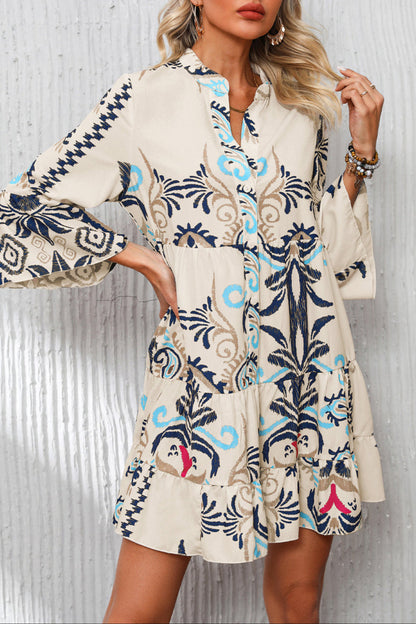 Boho 3/4 Sleeve Buttoned Mini Dress