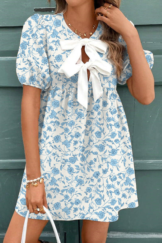 Floral Bow Puff Sleeve Mini Dress