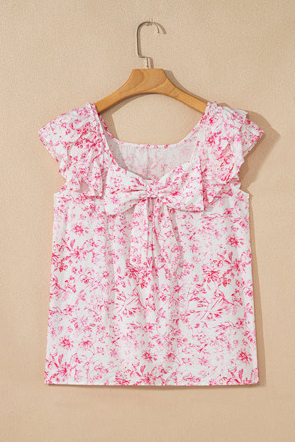 Floral Bow Back Ruffle Sleeve Blouse