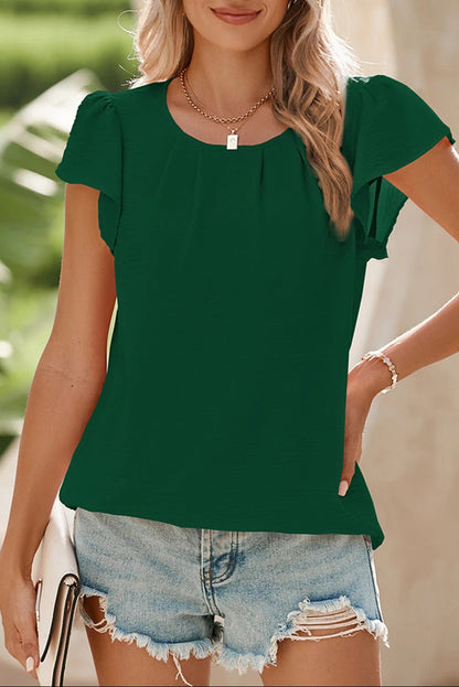 Pleated Flounce Sleeve Textured Blouse