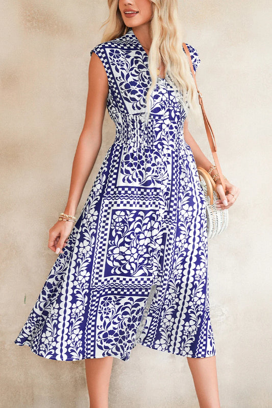 Floral Smocked Waist Sleeveless Midi Dress