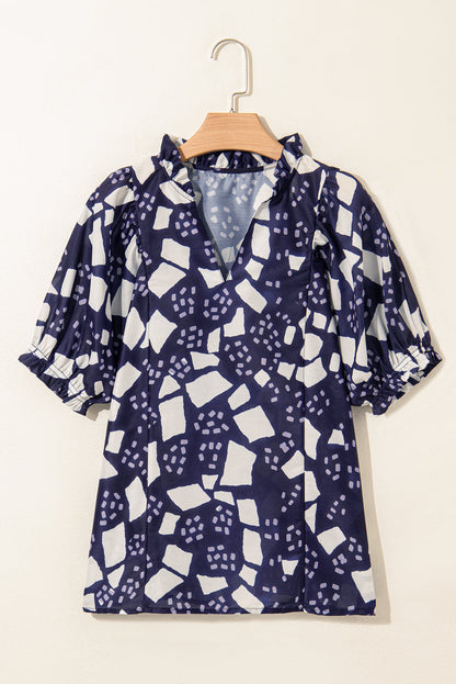 Abstract Frilled Puff Sleeve Blouse