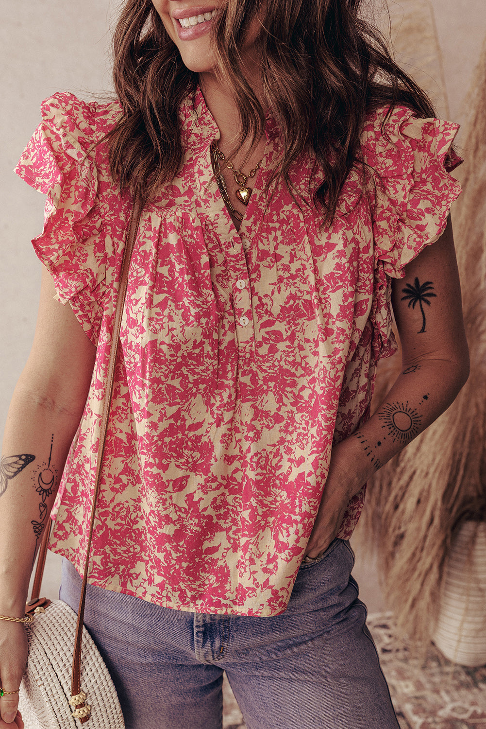 Boho Ruffle Sleeve Buttoned Blouse