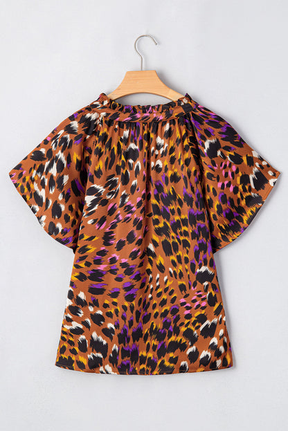 Leopard Draped Short Sleeve Blouse