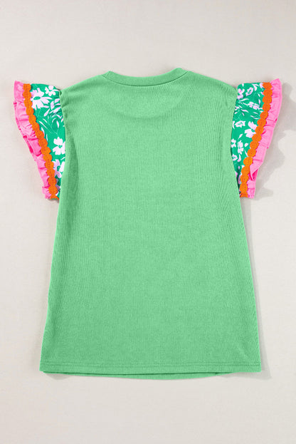 Floral Ric-Rac Contrast Short Sleeve Top