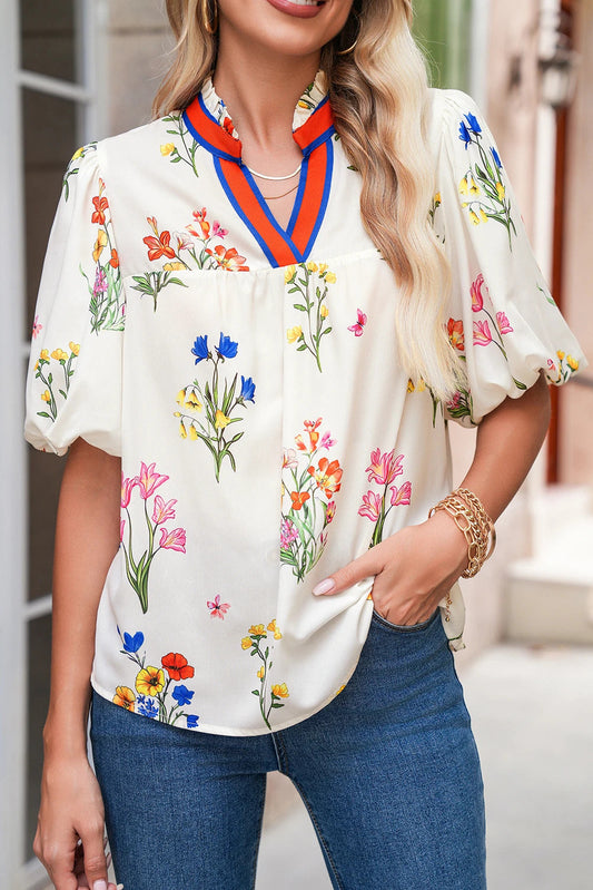 Floral Contrast Puff Sleeve Blouse