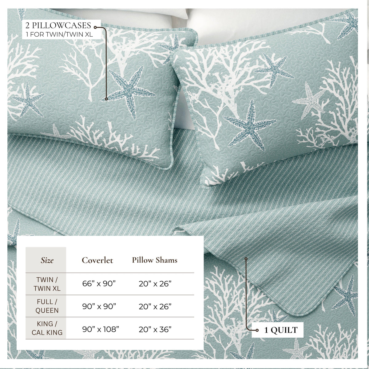 Reversible Coral Coastal Quilt Set