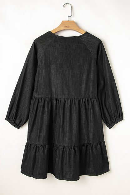Denim Chambray Puff Sleeve Mini Dress