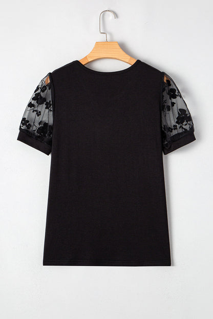 Floral Mesh Patchwork Puff Sleeve T-Shirt