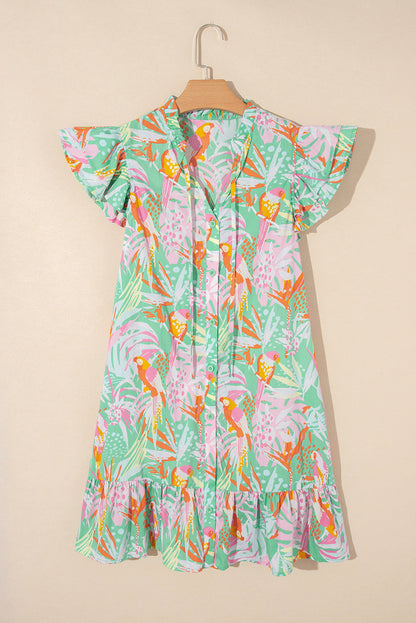 Abstract Floral Ruffle Buttoned Dress
