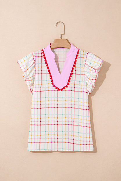 Plaid Colorblock Flutter Sleeve Blouse