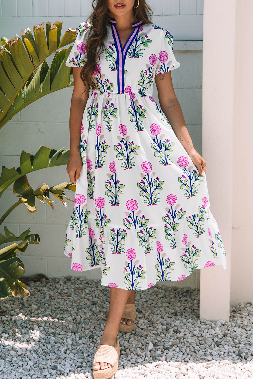 Floral Puff Sleeve V-Neck Midi Dress