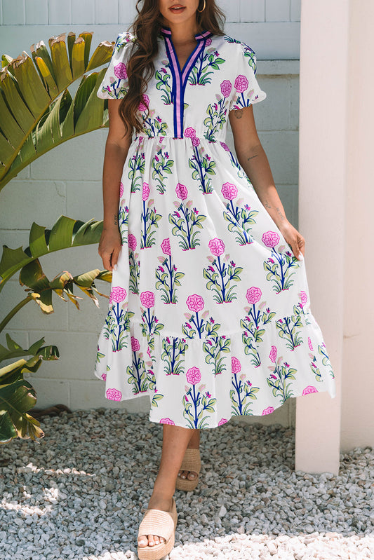 Floral Puff Sleeve V-Neck Midi Dress